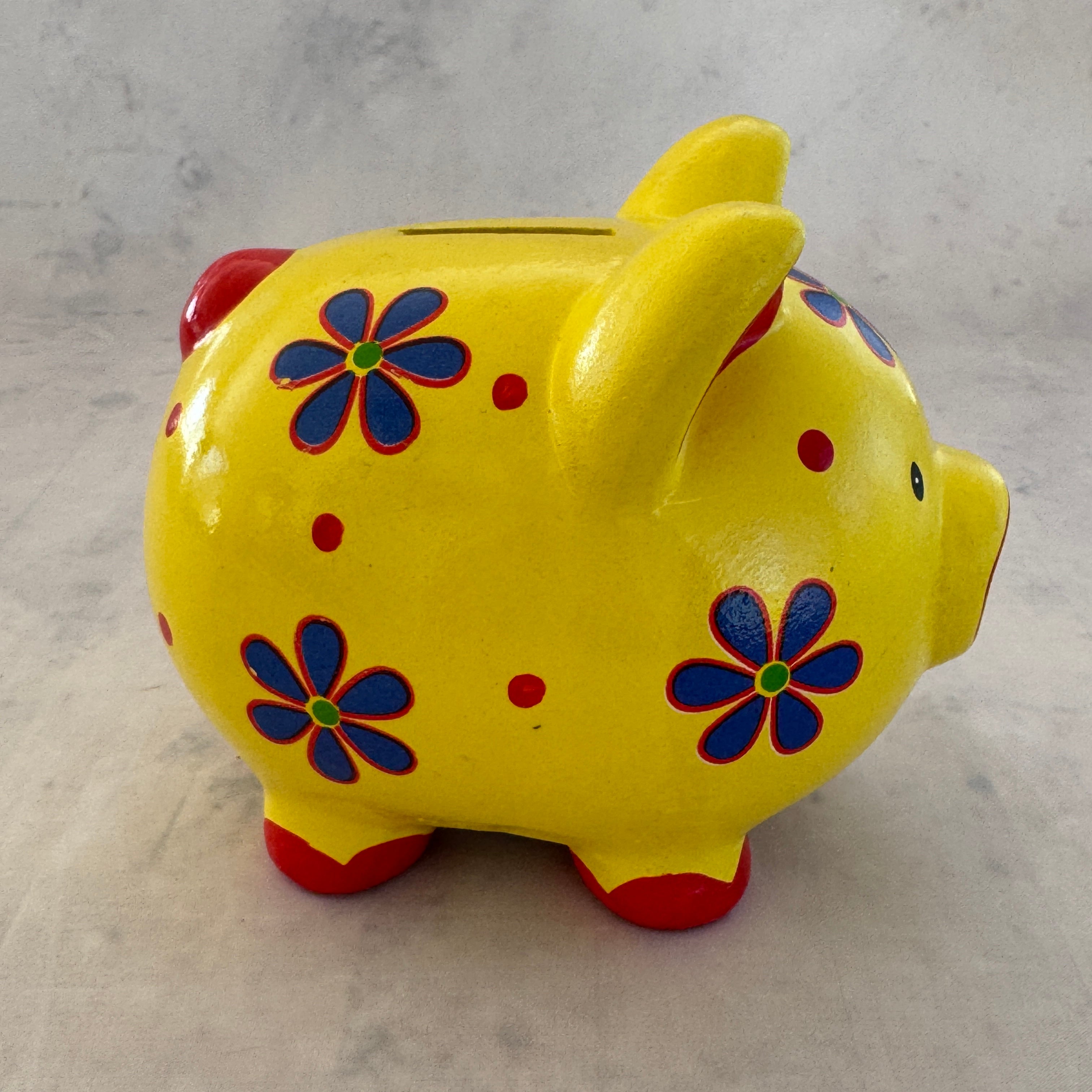 Yellow Ceramic Piggy Bank with Floral Design