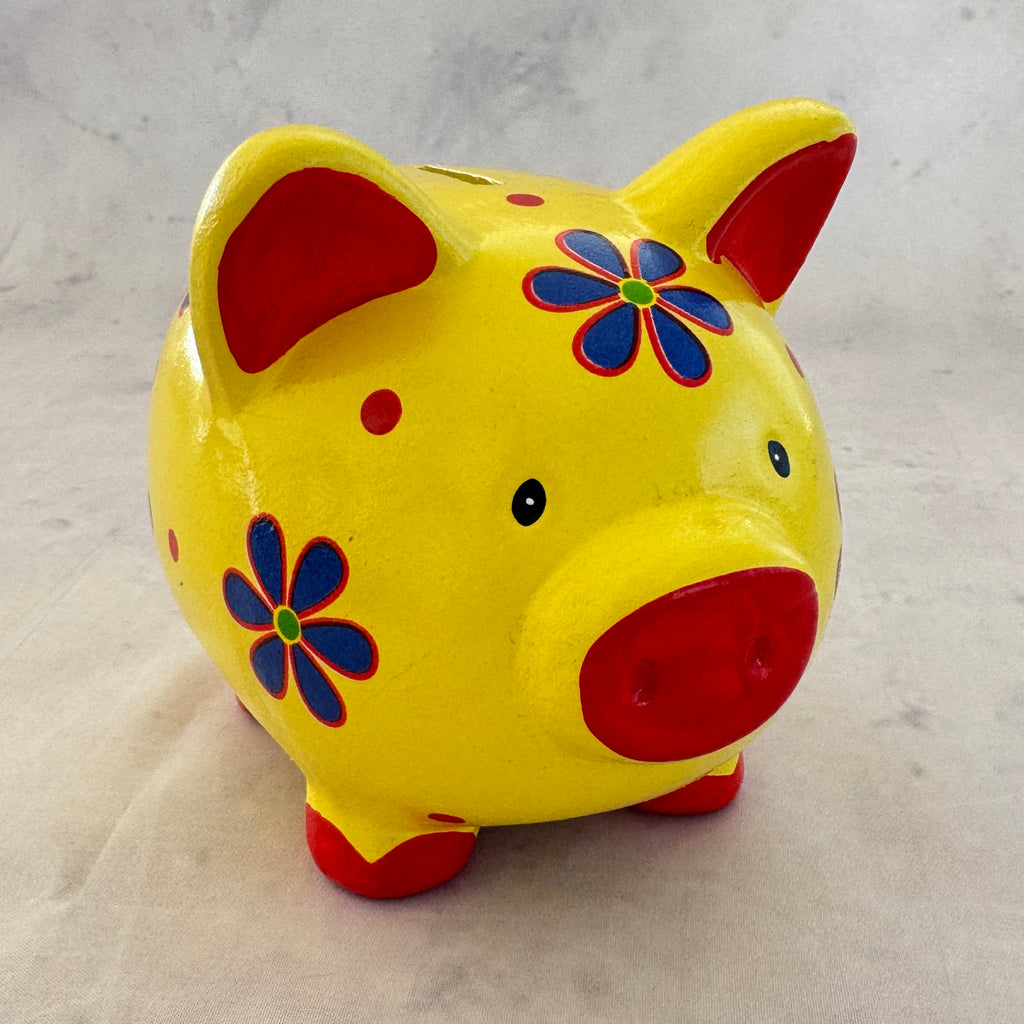 Yellow Ceramic Piggy Bank with Floral Design