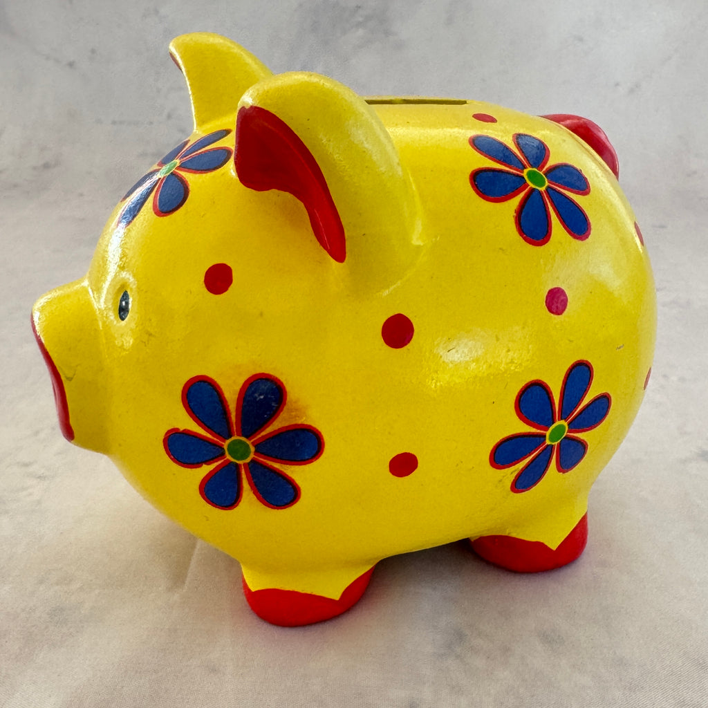Yellow Ceramic Piggy Bank with Floral Design