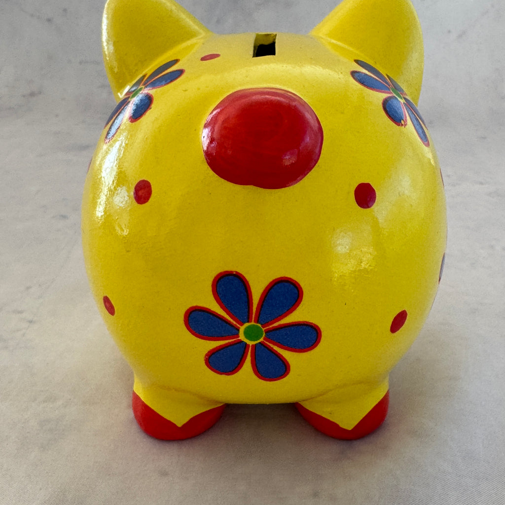 Yellow Ceramic Piggy Bank with Floral Design