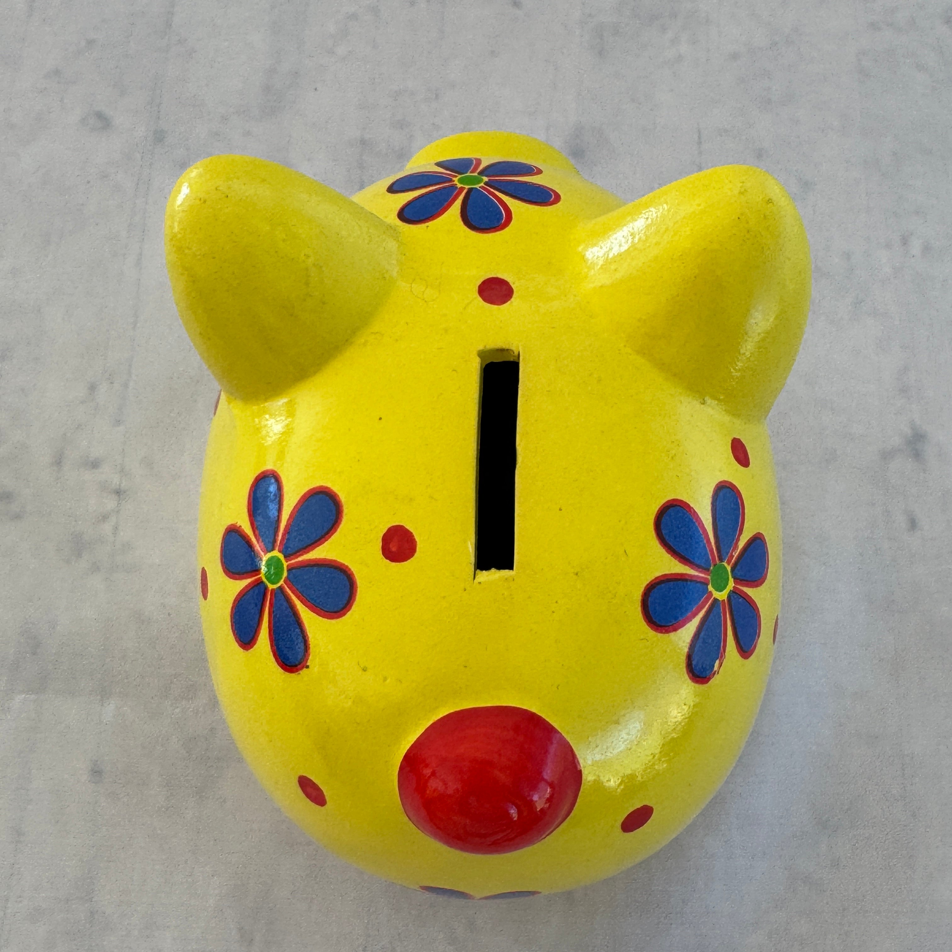 Yellow Ceramic Piggy Bank with Floral Design