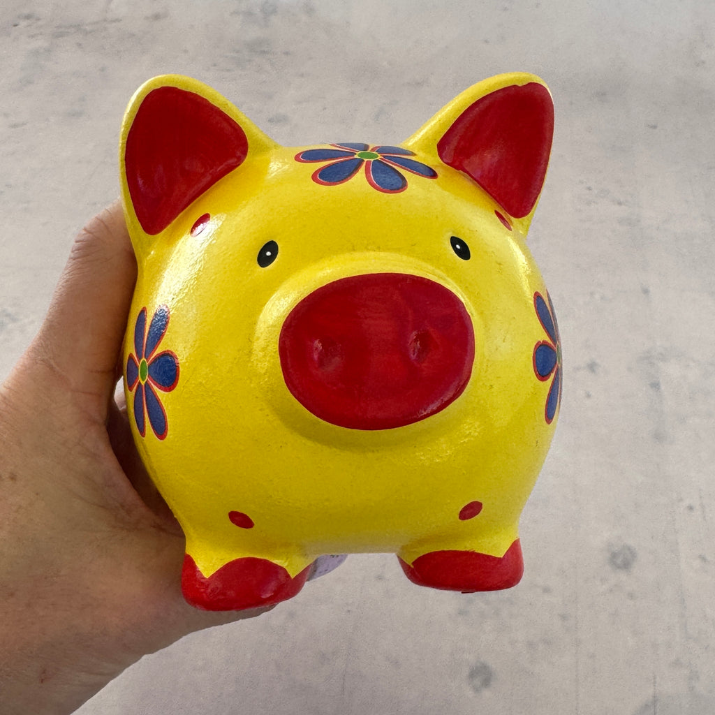 Yellow Ceramic Piggy Bank with Floral Design