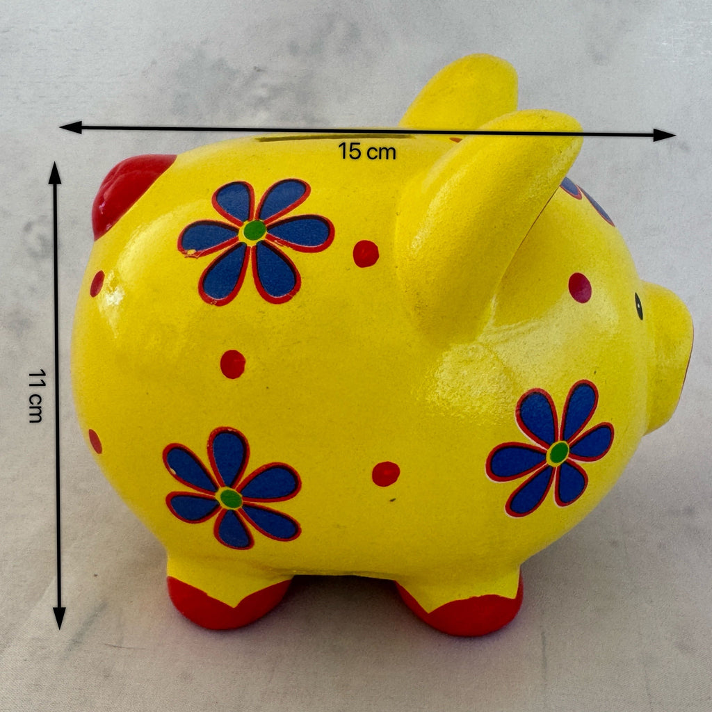 Yellow Ceramic Piggy Bank with Floral Design