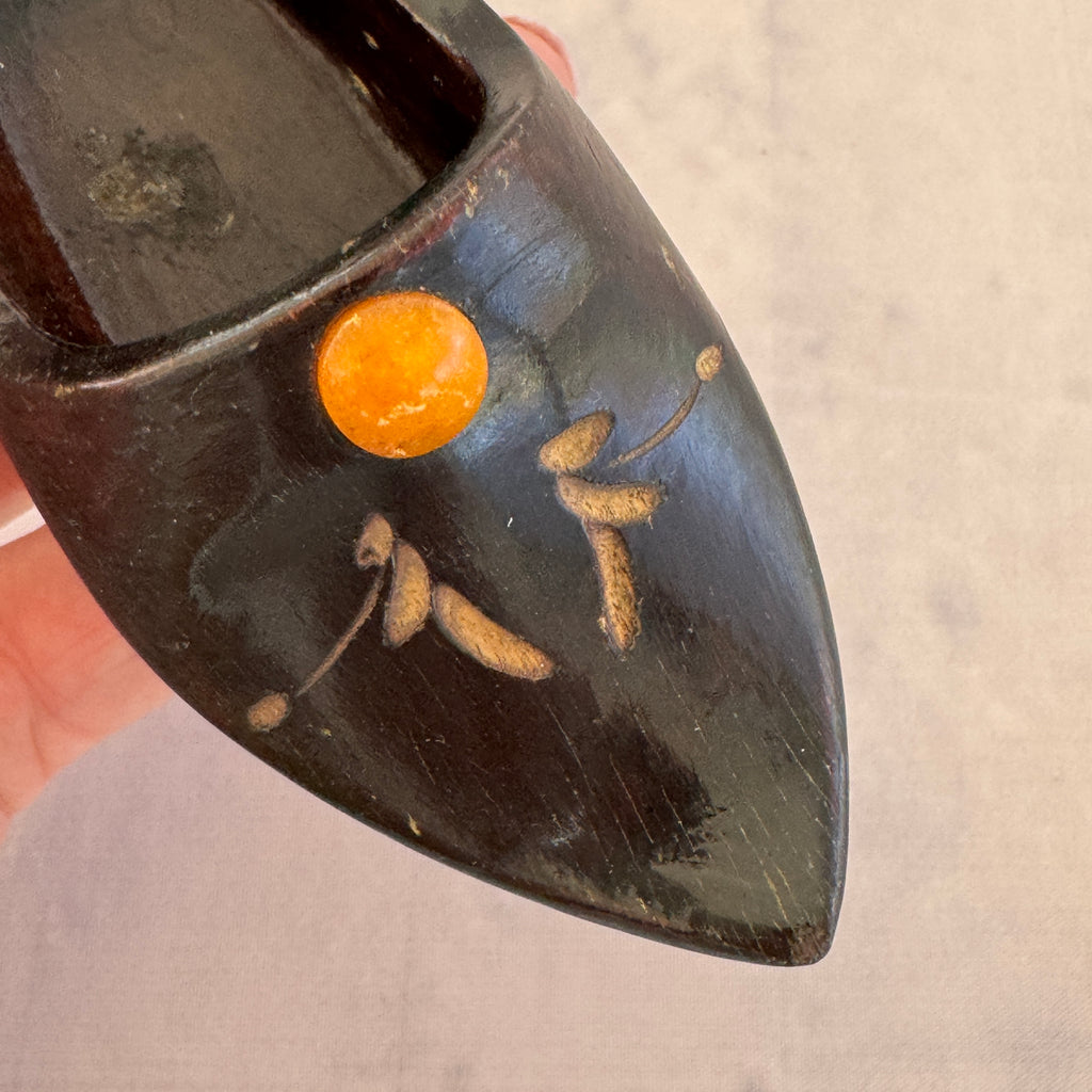 Soviet Wooden Shoe with Amber Inlay – Decorative Trinket Box/Ashtray