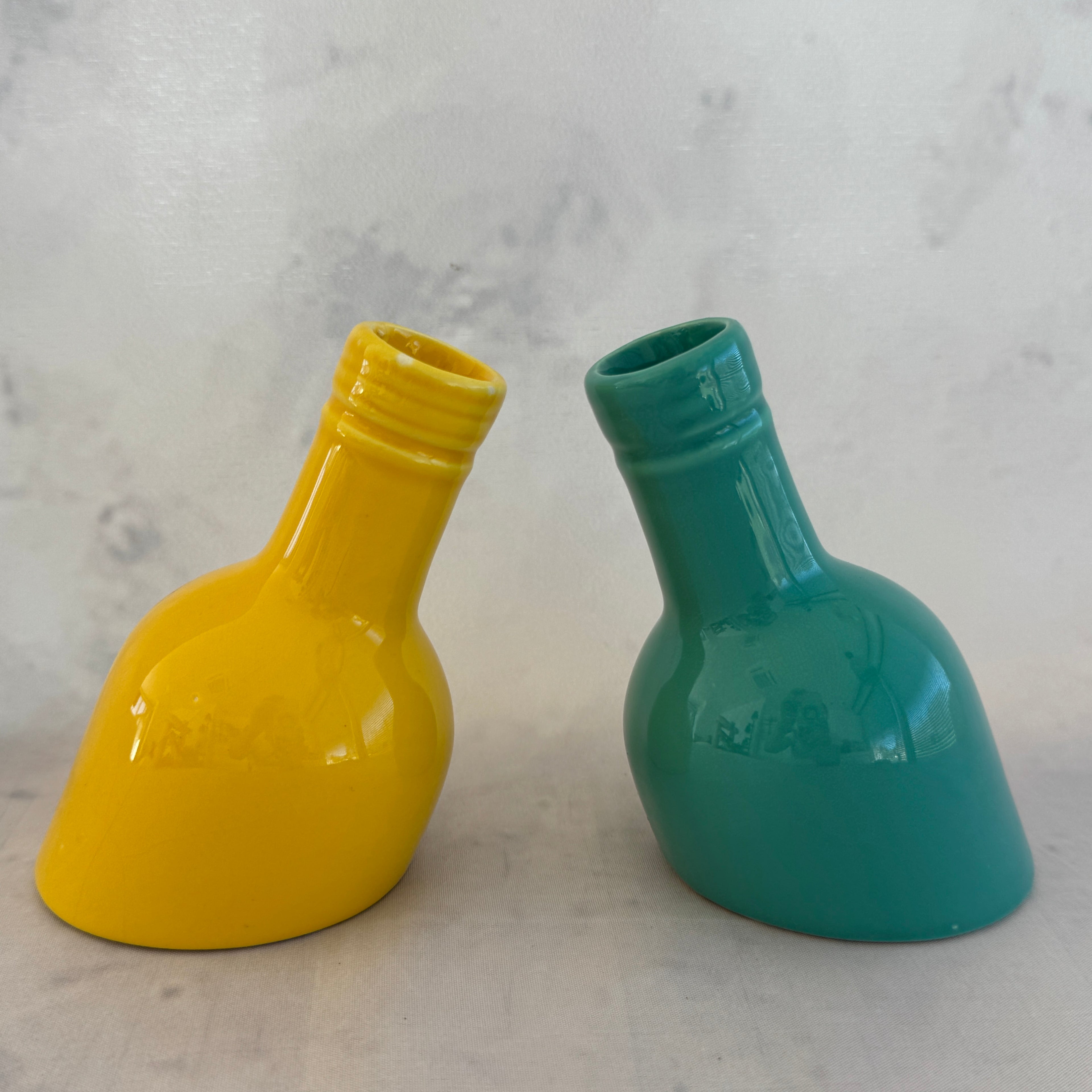 Mid Century Ceramic Vase Set Yellow Teal Bottle Shape Bud Vases Retro Decor