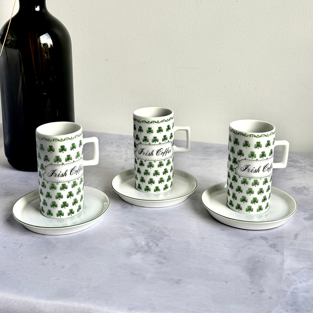 Irish Coffee Mug Set with Shamrock Design – Ceramic Cups & Saucers (Set of 3)