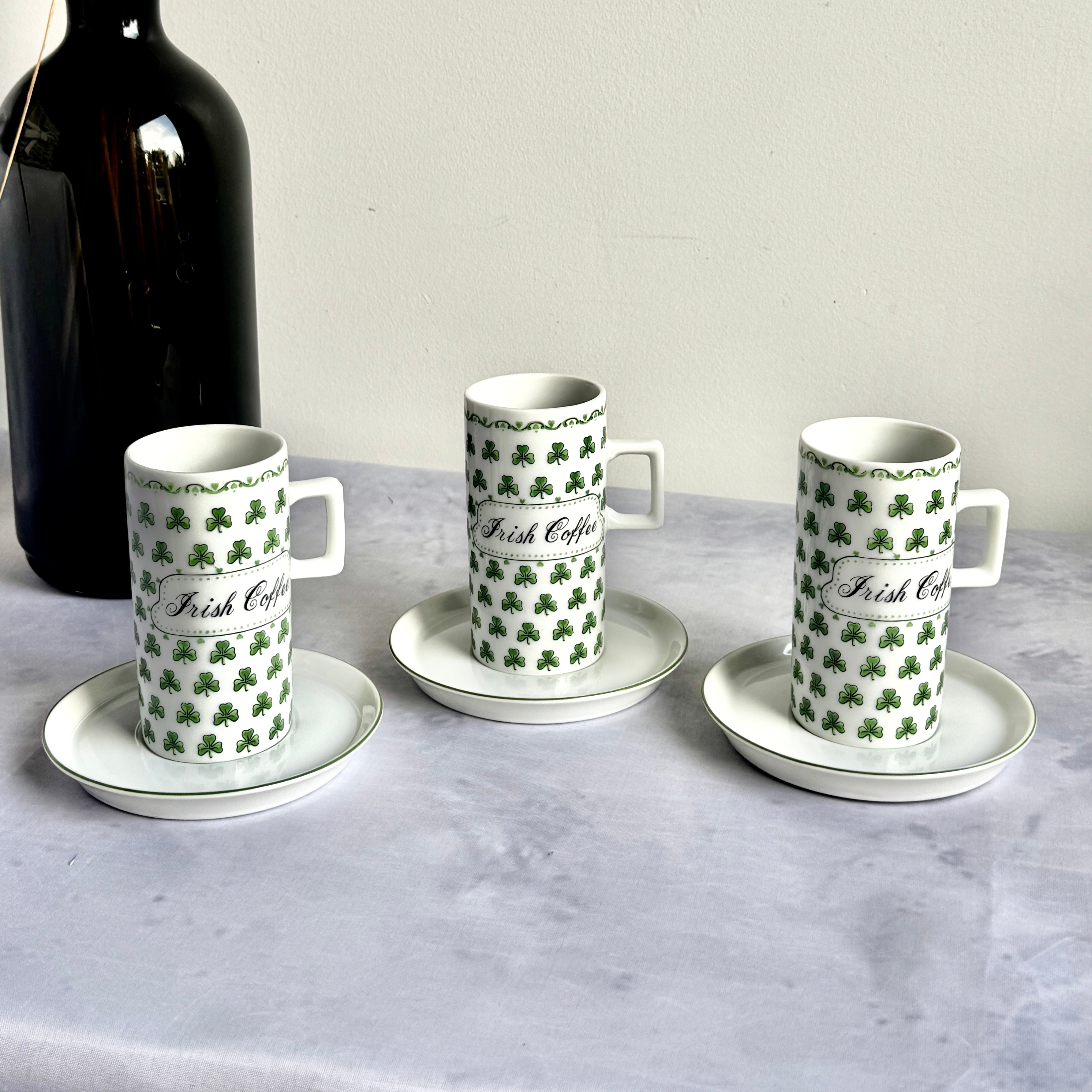 Irish Coffee Mug Set with Shamrock Design – Ceramic Cups & Saucers (Set of 3)