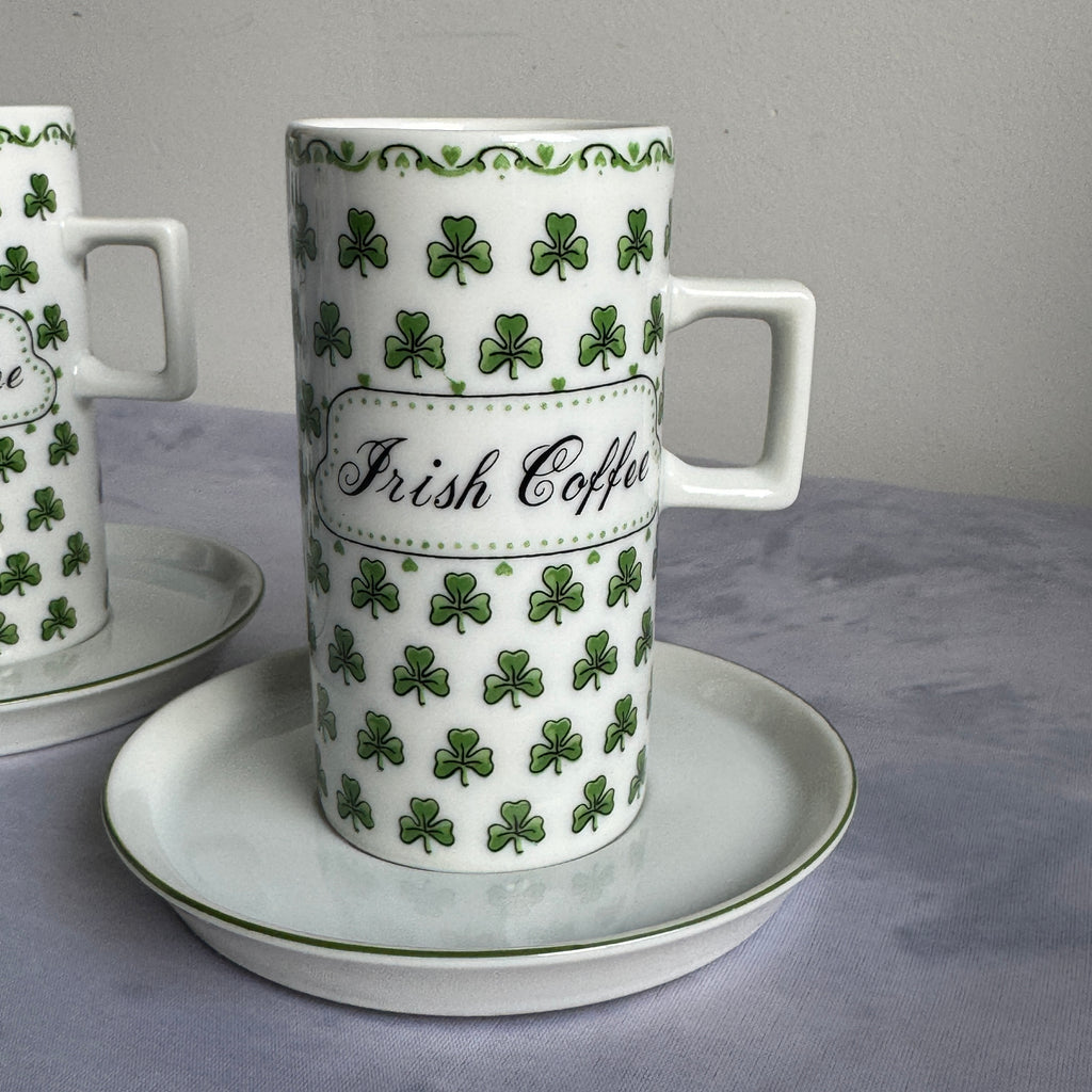 Irish Coffee Mug Set with Shamrock Design – Ceramic Cups & Saucers (Set of 3)