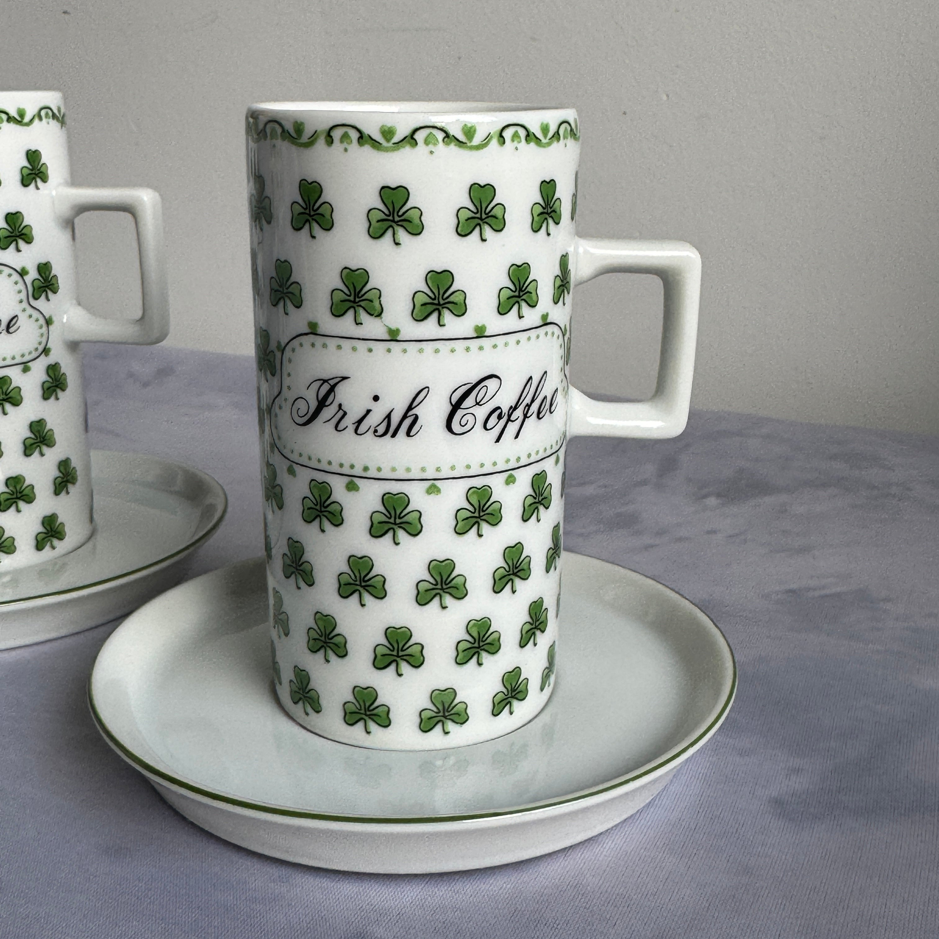 Irish Coffee Mug Set with Shamrock Design – Ceramic Cups & Saucers (Set of 3)