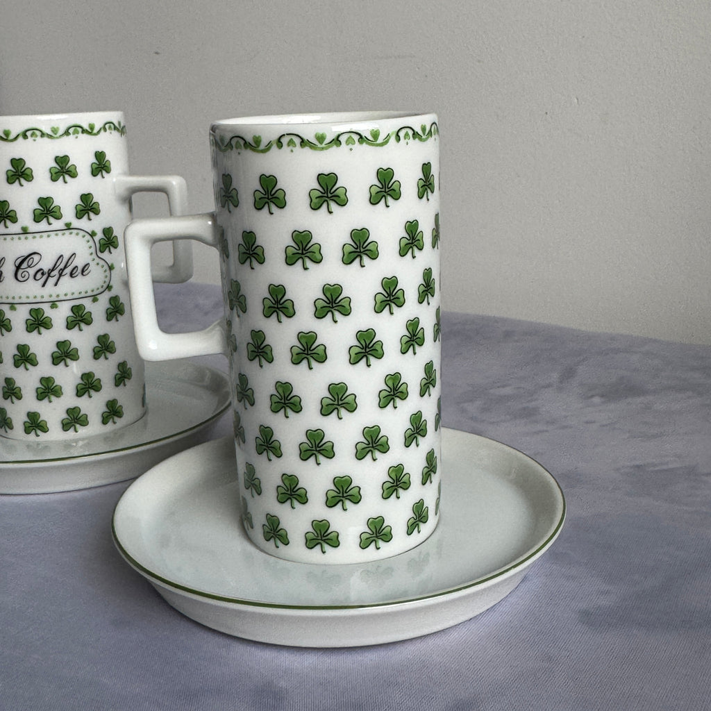 Irish Coffee Mug Set with Shamrock Design – Ceramic Cups & Saucers (Set of 3)