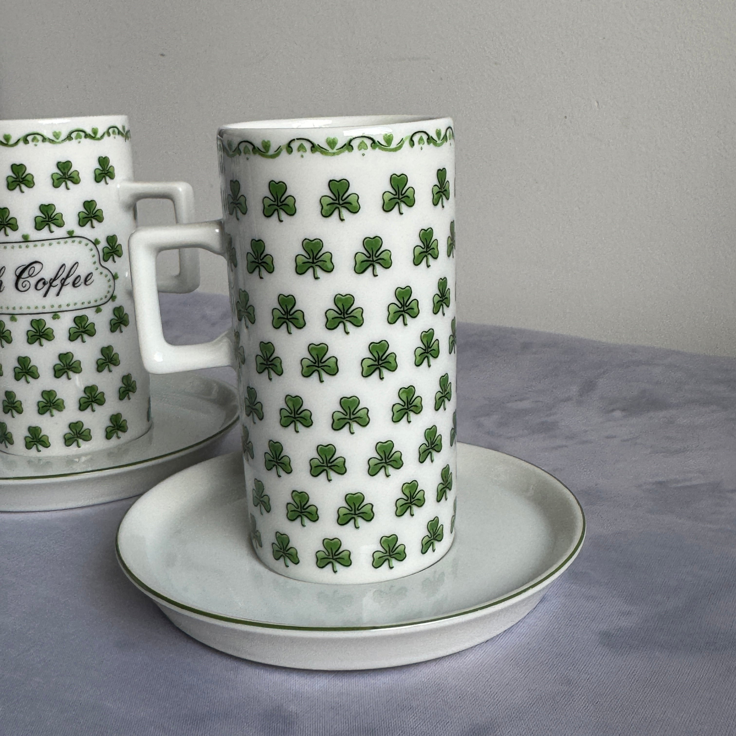 Irish Coffee Mug Set with Shamrock Design – Ceramic Cups & Saucers (Set of 3)