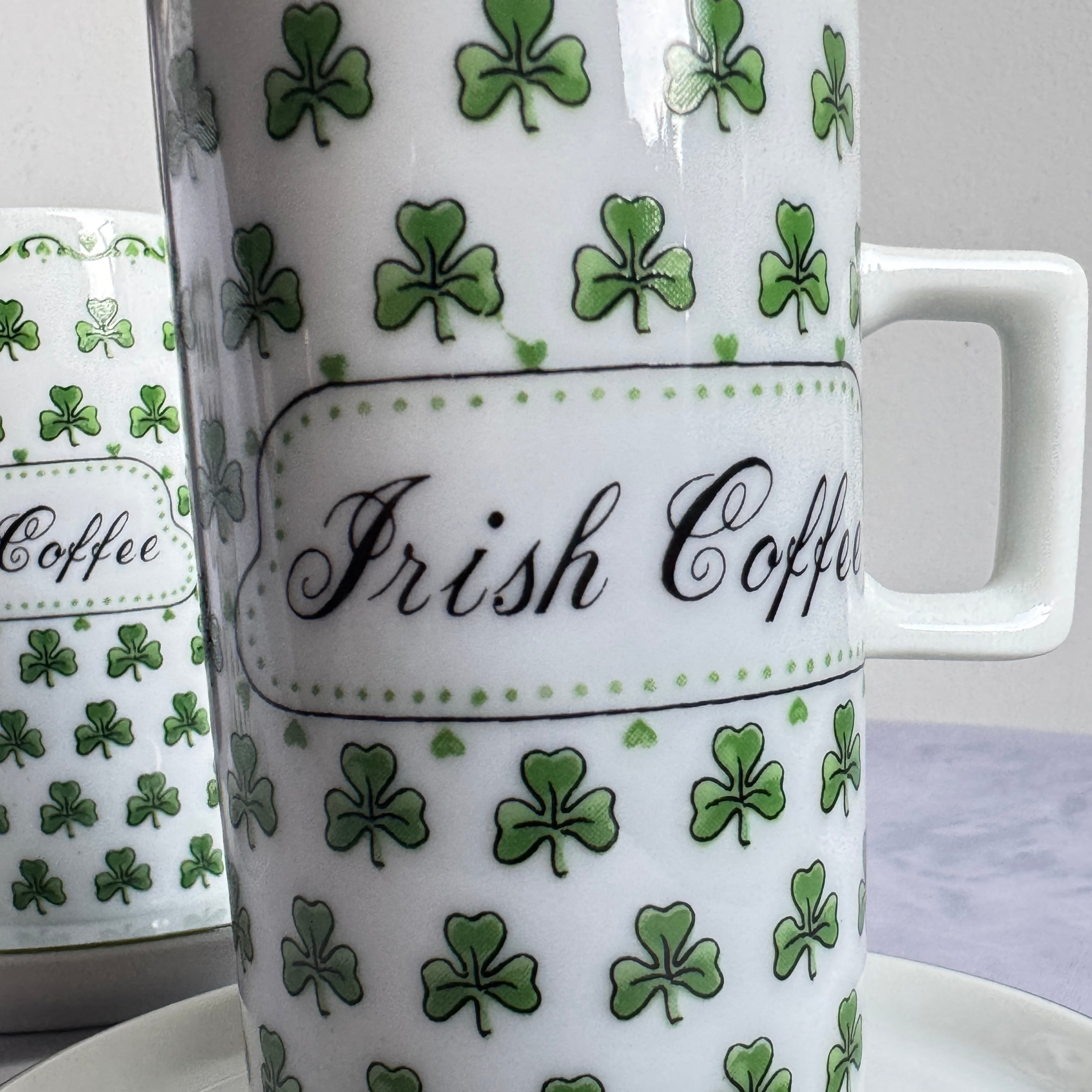 Irish Coffee Mug Set with Shamrock Design – Ceramic Cups & Saucers (Set of 3)