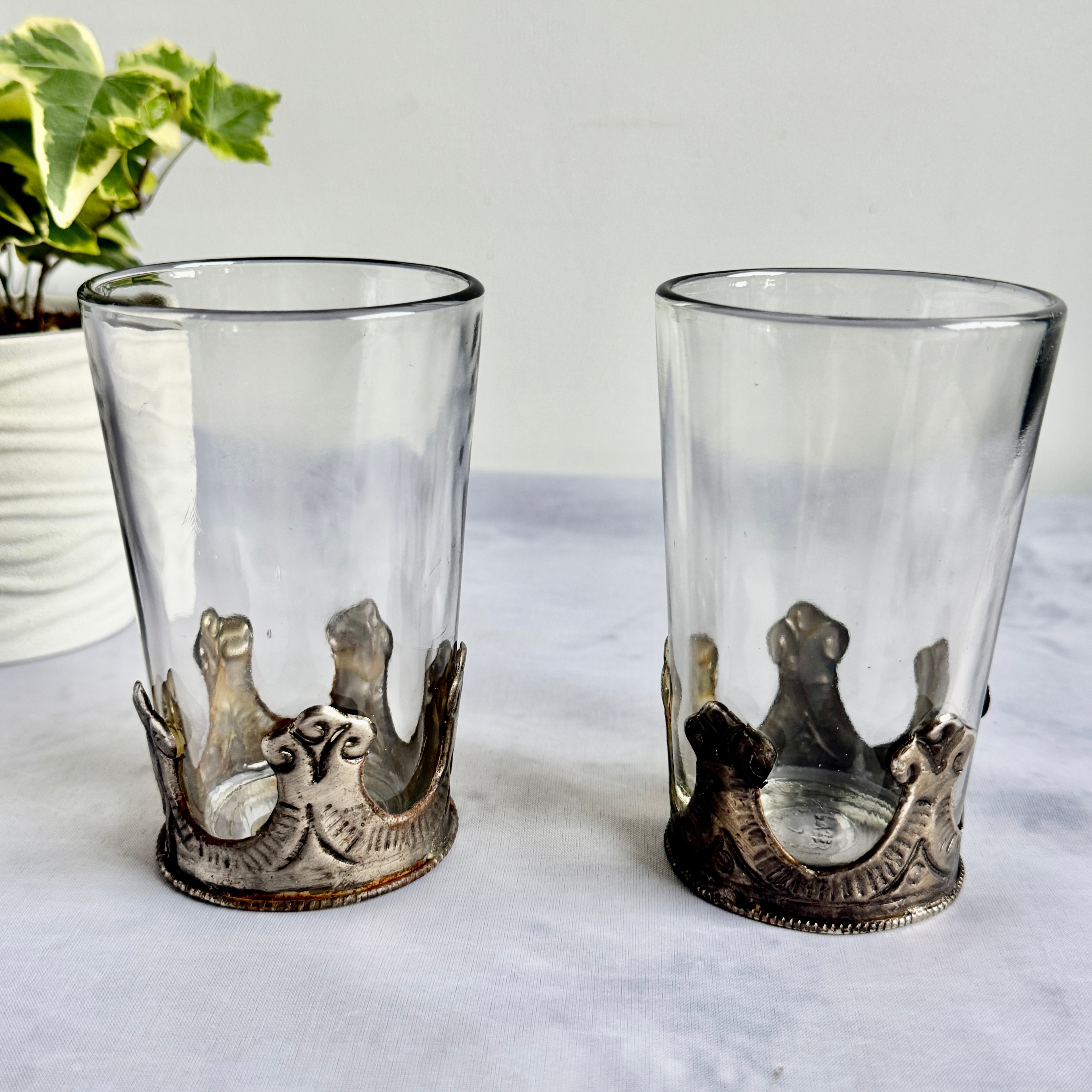 Vintage Glass Tumblers with Ornate Metal Overlay – Set of 2