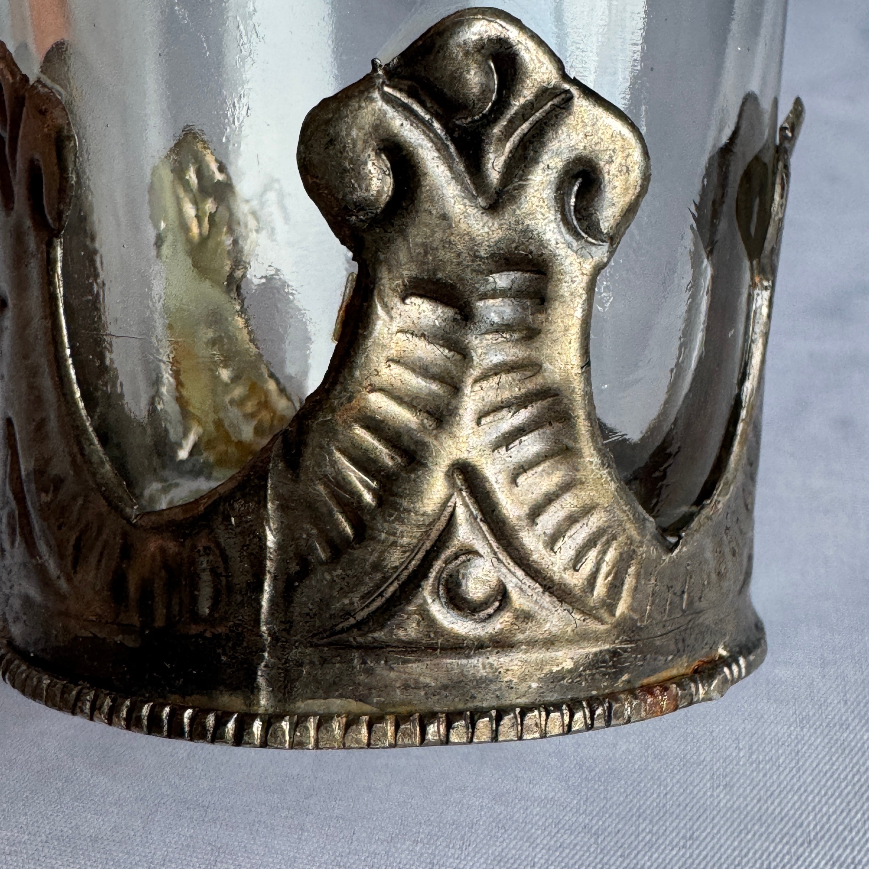 Vintage Glass Tumblers with Ornate Metal Overlay – Set of 2