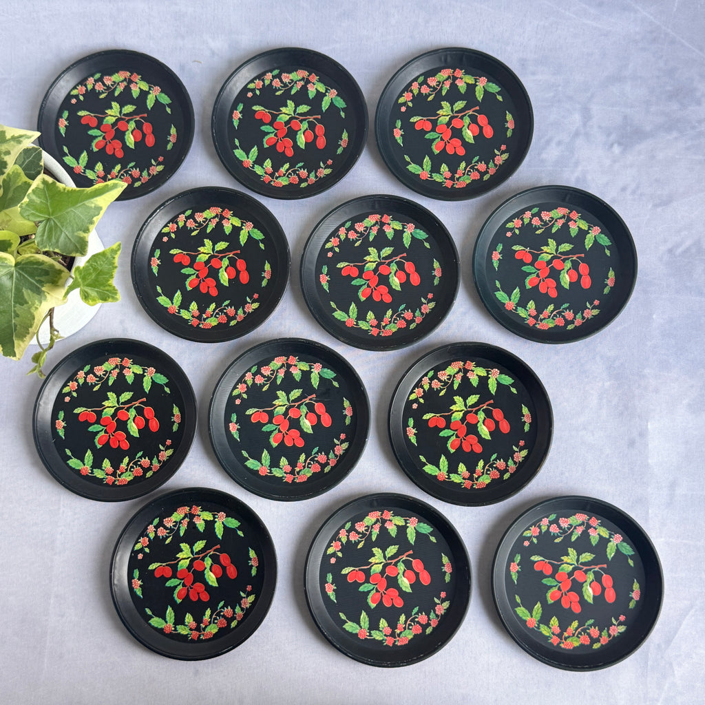 Vintage Metal Coaster Set of 6 – Berry Floral Black Retro Cottagecore Drink Coasters