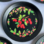 Vintage Metal Coaster Set of 6 – Berry Floral Black Retro Cottagecore Drink Coasters