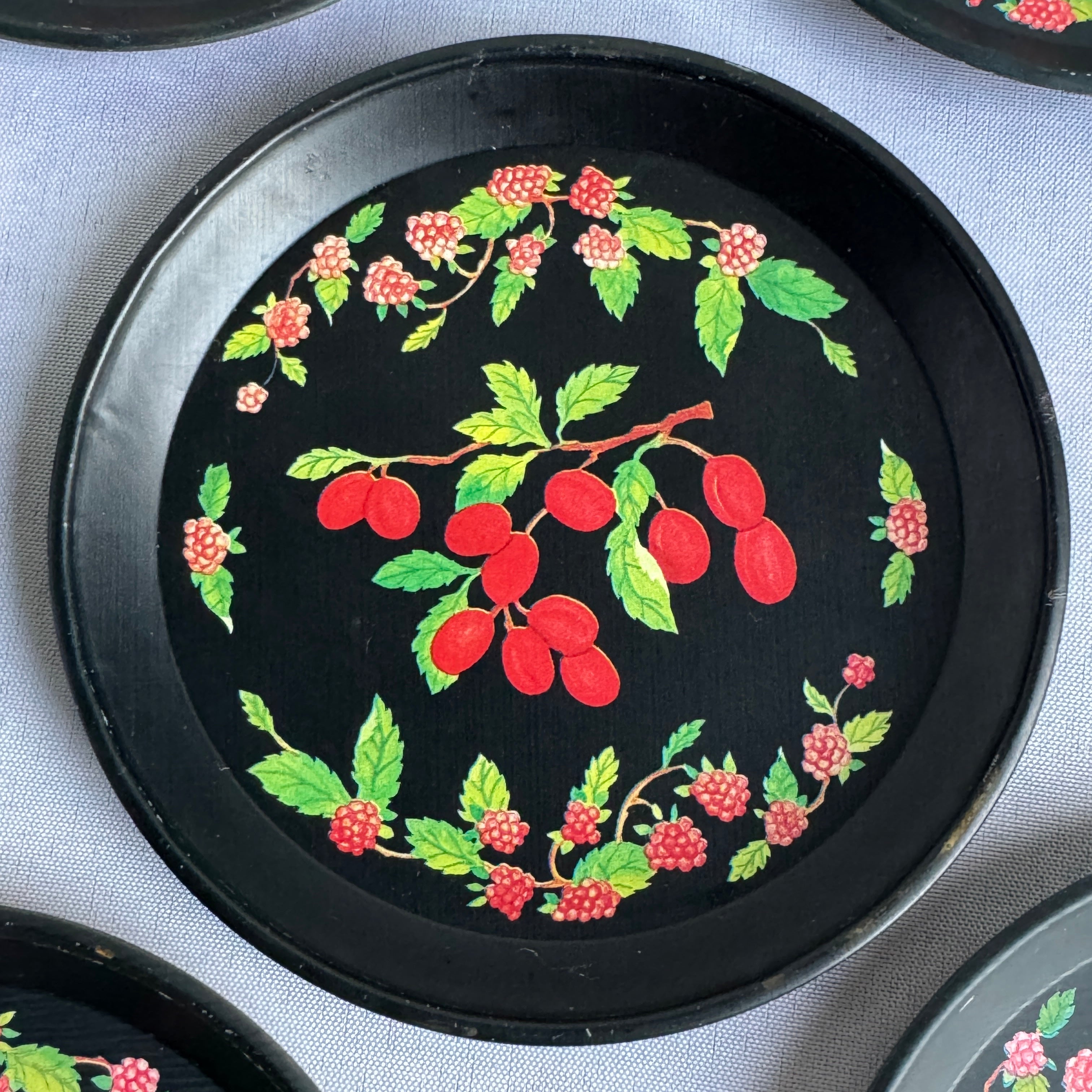 Vintage Metal Coaster Set of 6 – Berry Floral Black Retro Cottagecore Drink Coasters