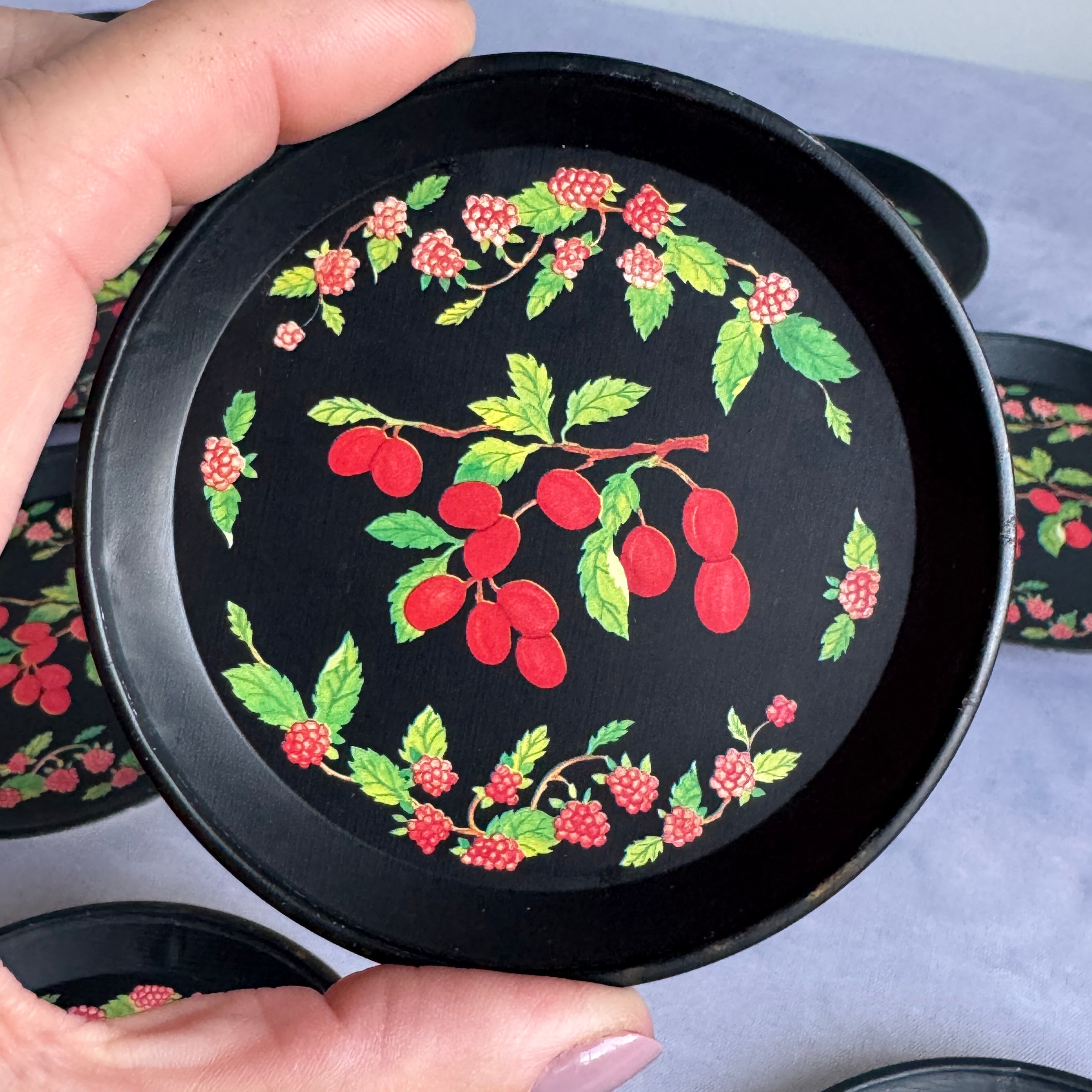 Vintage Metal Coaster Set of 6 – Berry Floral Black Retro Cottagecore Drink Coasters