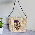 Floral Fabric Evening Bag Beaded Handle Cream Purple Small Handbag Retro Y2K Style Theater Bag