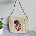 Floral Fabric Evening Bag Beaded Handle Cream Purple Small Handbag Retro Y2K Style Theater Bag