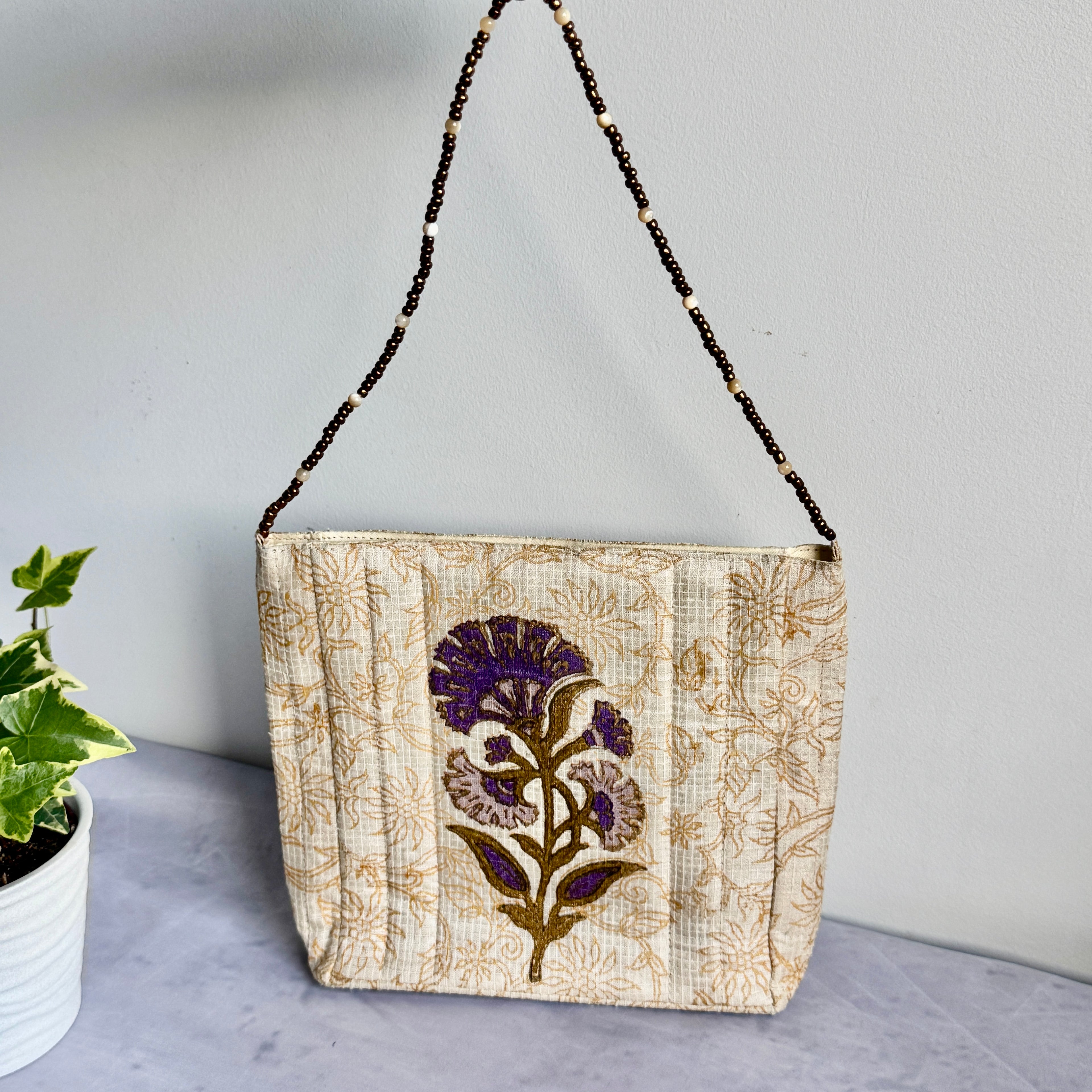 Floral Fabric Evening Bag Beaded Handle Cream Purple Small Handbag Retro Y2K Style Theater Bag