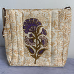 Floral Fabric Evening Bag Beaded Handle Cream Purple Small Handbag Retro Y2K Style Theater Bag