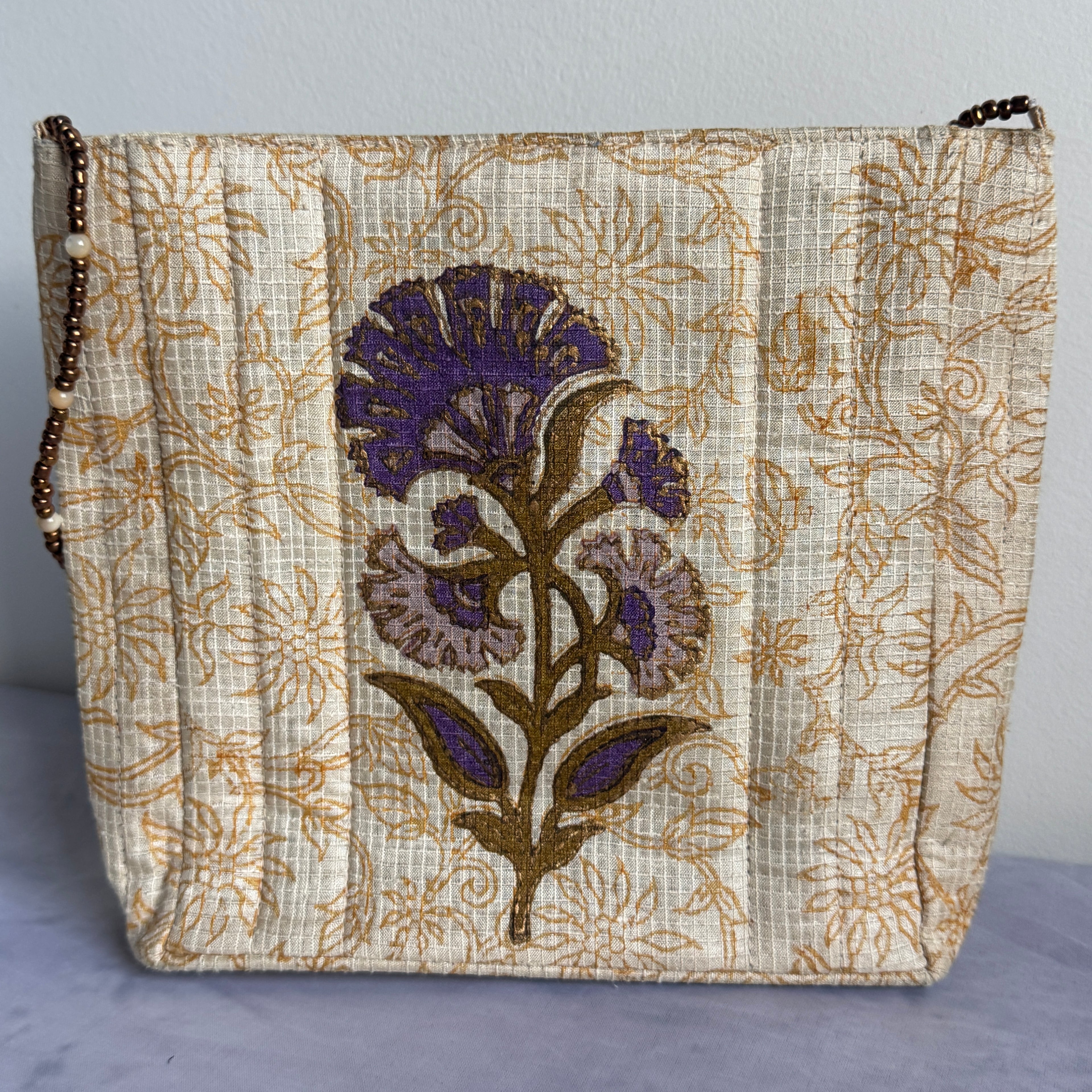 Floral Fabric Evening Bag Beaded Handle Cream Purple Small Handbag Retro Y2K Style Theater Bag