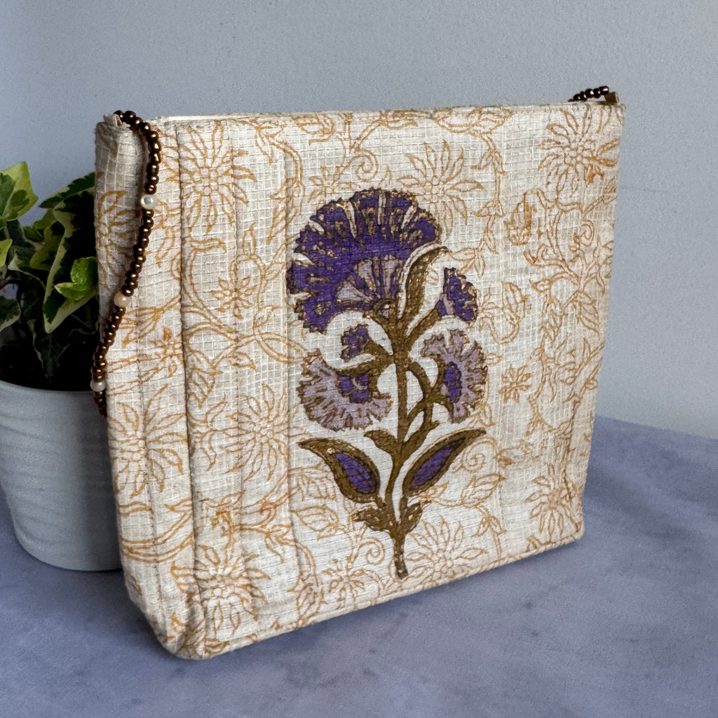 Floral Fabric Evening Bag Beaded Handle Cream Purple Small Handbag Retro Y2K Style Theater Bag
