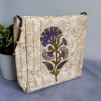 Floral Fabric Evening Bag Beaded Handle Cream Purple Small Handbag Retro Y2K Style Theater Bag