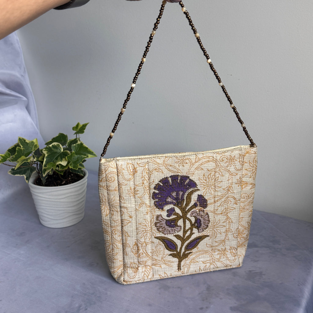 Floral Fabric Evening Bag Beaded Handle Cream Purple Small Handbag Retro Y2K Style Theater Bag