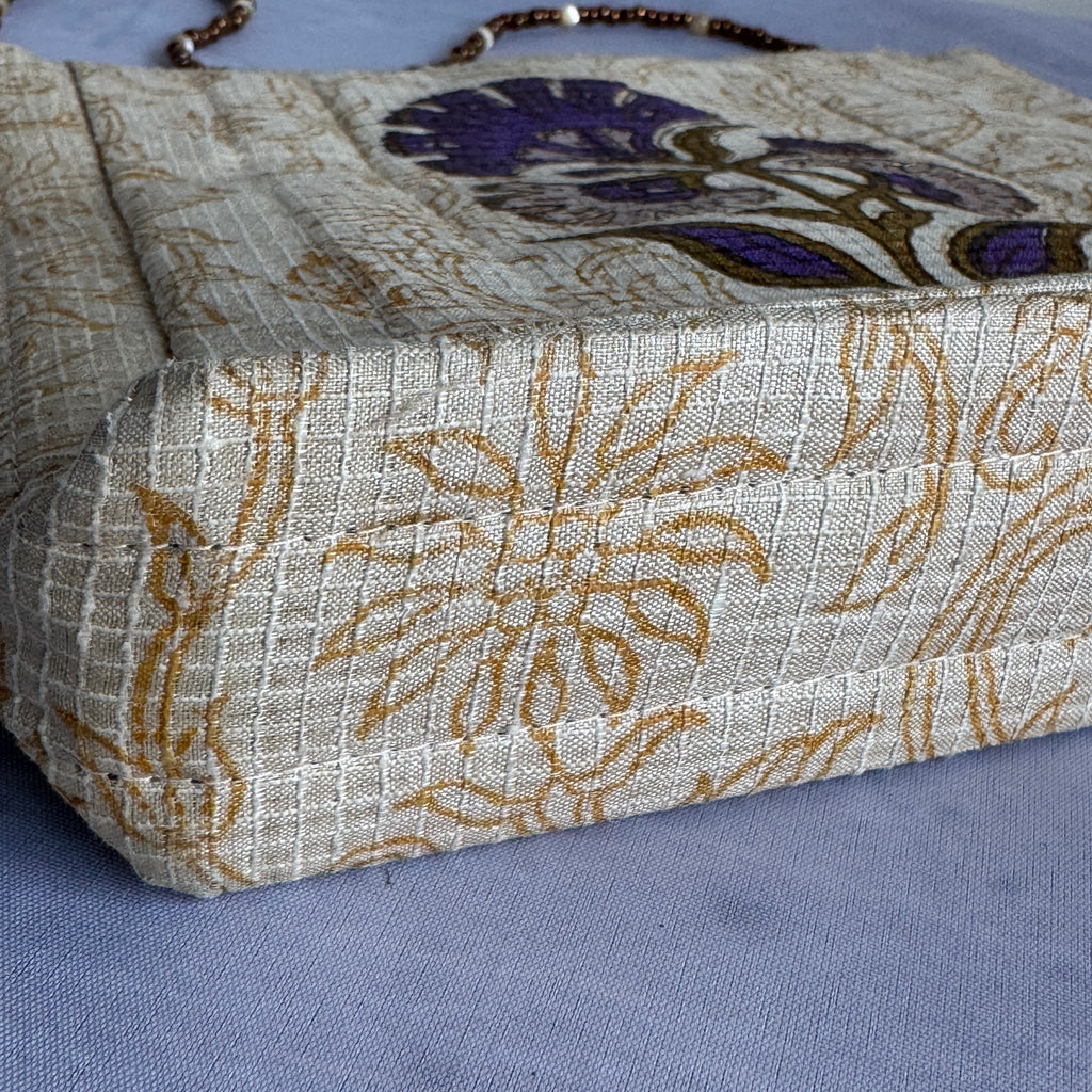 Floral Fabric Evening Bag Beaded Handle Cream Purple Small Handbag Retro Y2K Style Theater Bag