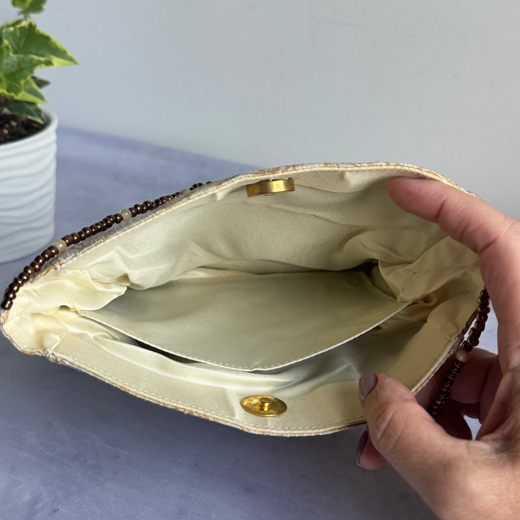 Floral Fabric Evening Bag Beaded Handle Cream Purple Small Handbag Retro Y2K Style Theater Bag