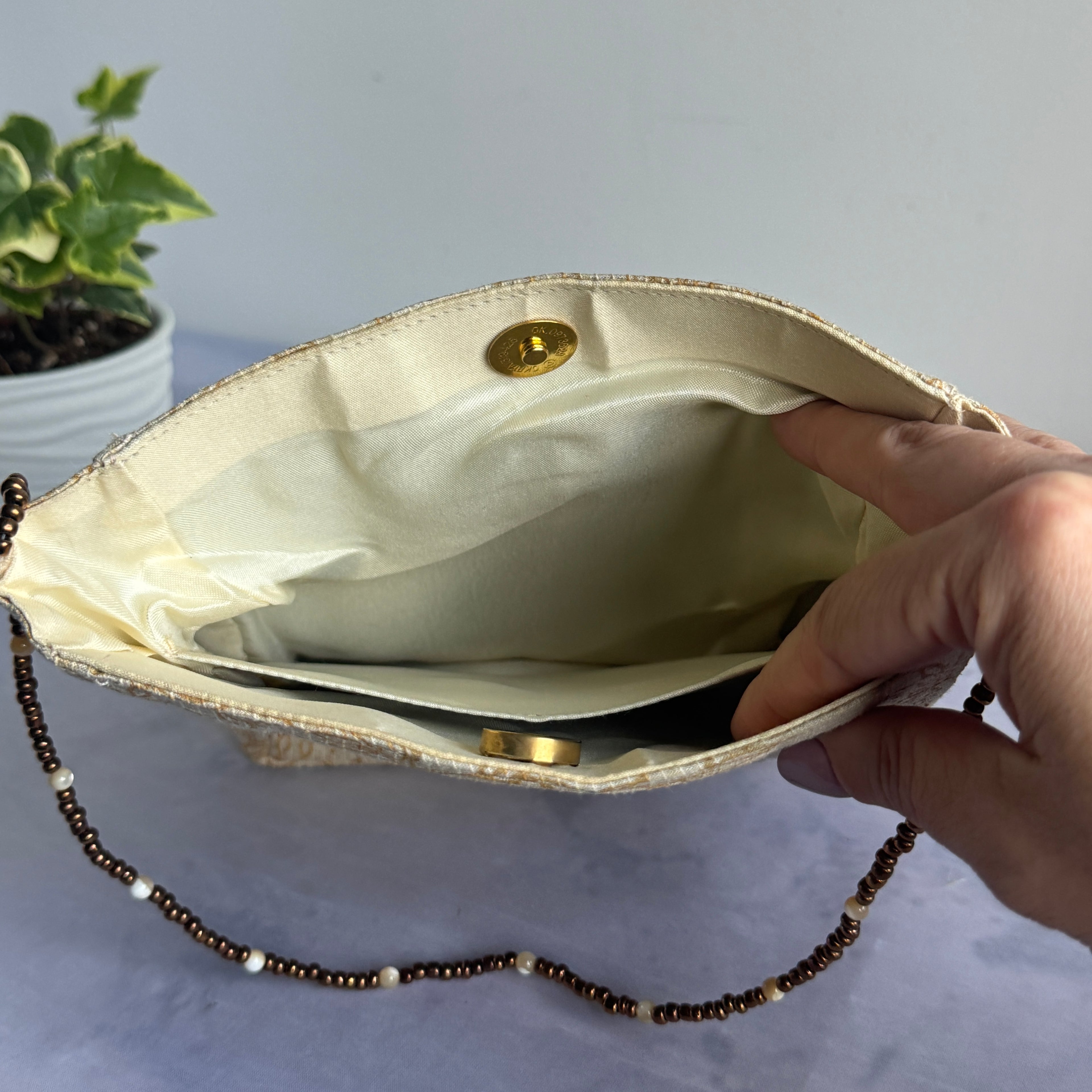 Floral Fabric Evening Bag Beaded Handle Cream Purple Small Handbag Retro Y2K Style Theater Bag