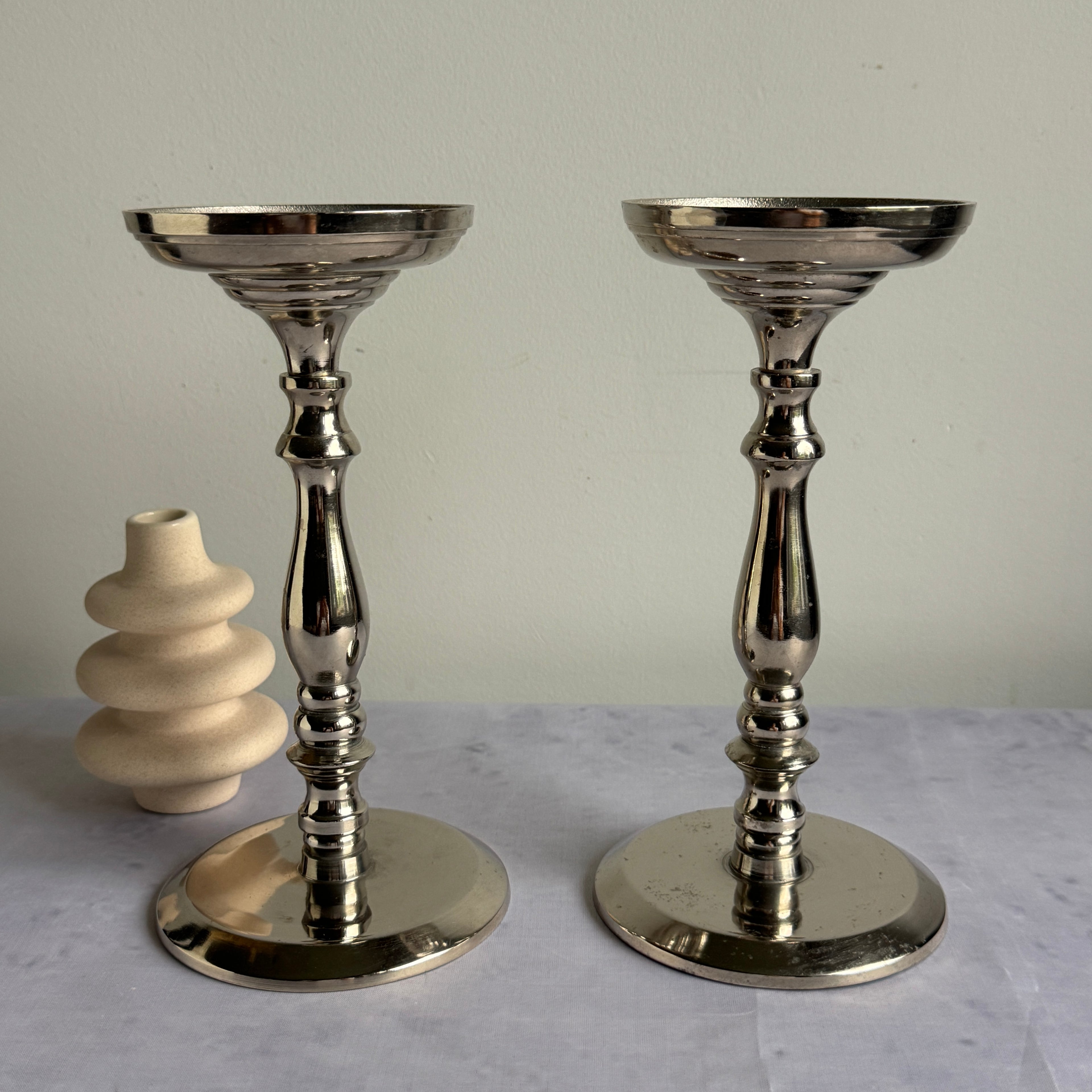 Pair of Silver Tone Metal Candlesticks – 21 cm