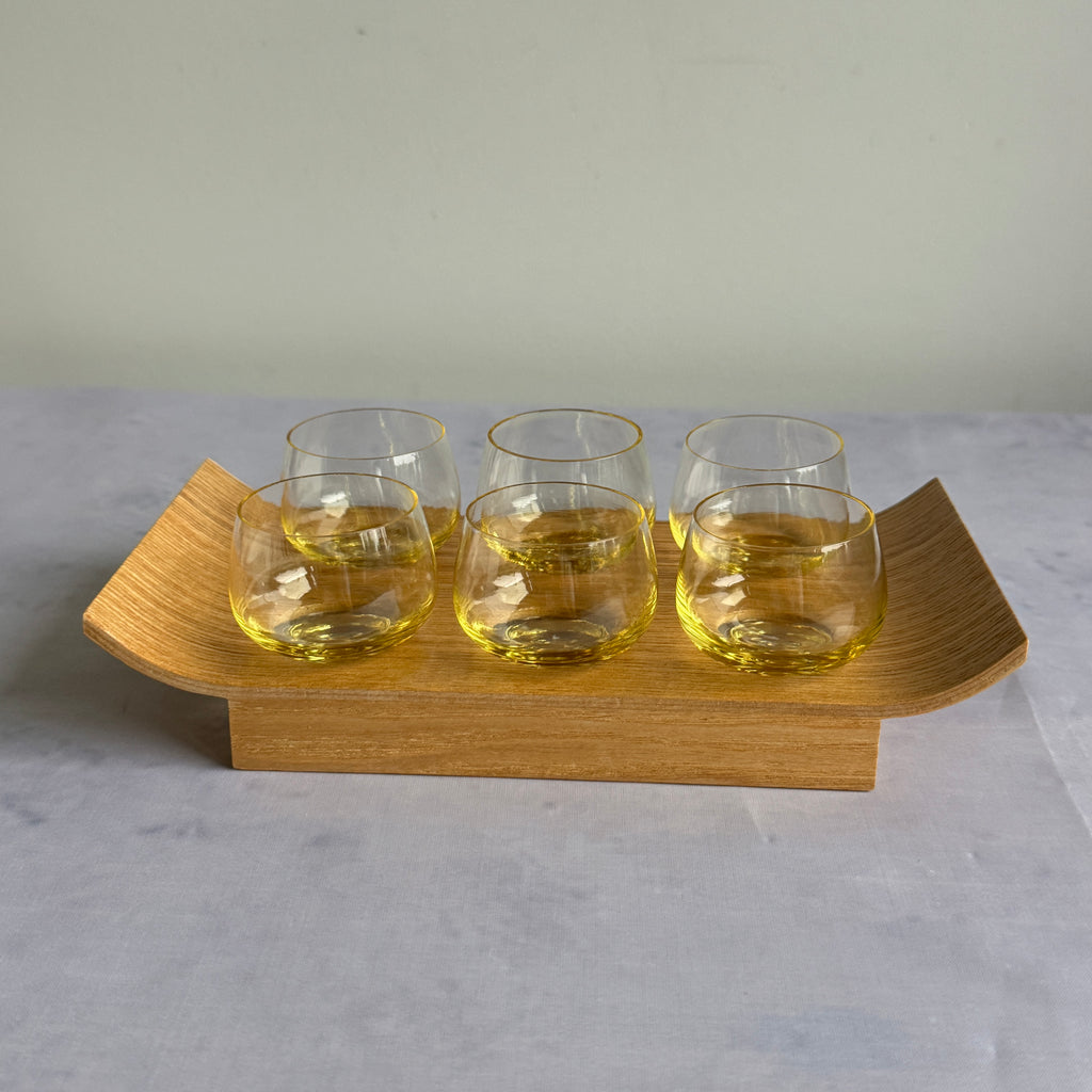 Set of 6 USSR Amber Shot Glasses with Wooden Serving Tray (1960s–1980s)