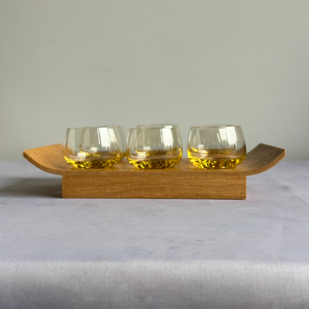 Set of 6 USSR Amber Shot Glasses with Wooden Serving Tray (1960s–1980s)