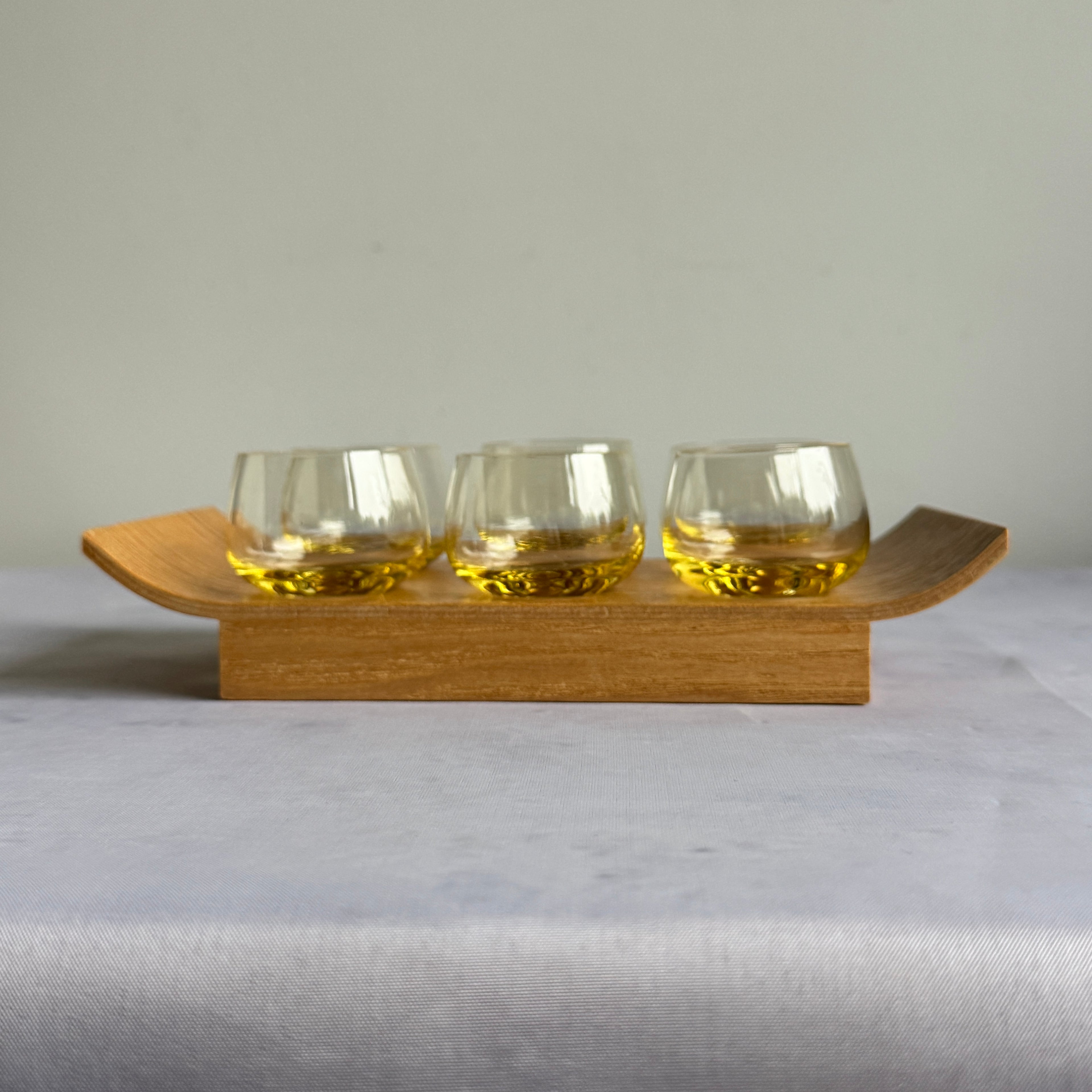 Set of 6 USSR Amber Shot Glasses with Wooden Serving Tray (1960s–1980s)