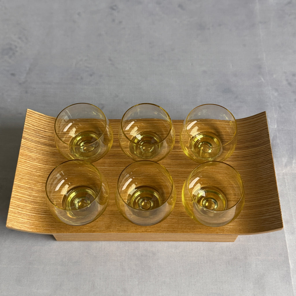 Set of 6 USSR Amber Shot Glasses with Wooden Serving Tray (1960s–1980s)