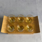 Set of 6 USSR Amber Shot Glasses with Wooden Serving Tray (1960s–1980s)