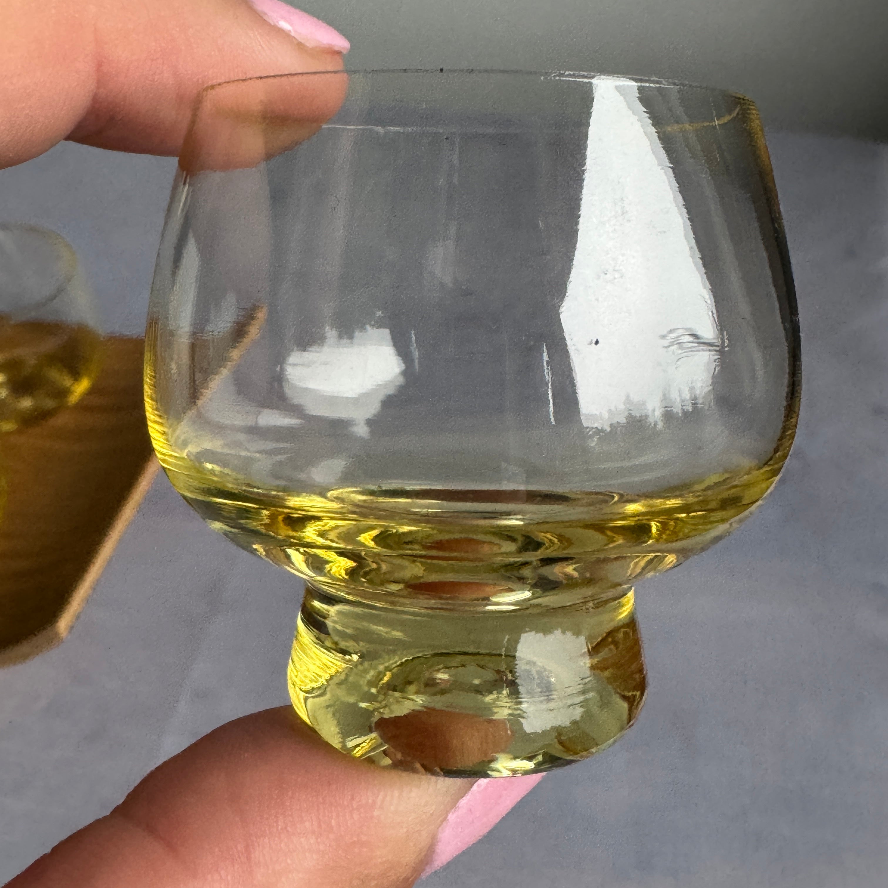 Set of 6 USSR Amber Shot Glasses with Wooden Serving Tray (1960s–1980s)