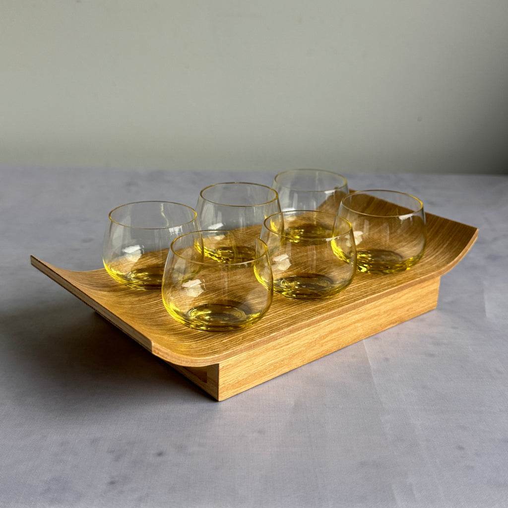 Set of 6 USSR Amber Shot Glasses with Wooden Serving Tray (1960s–1980s)