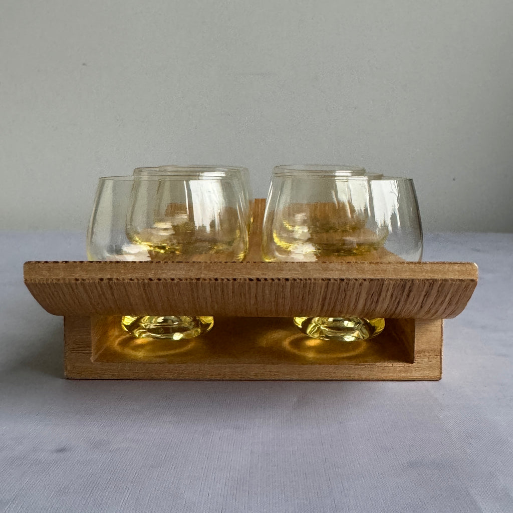 Set of 6 USSR Amber Shot Glasses with Wooden Serving Tray (1960s–1980s)