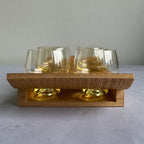 Set of 6 USSR Amber Shot Glasses with Wooden Serving Tray (1960s–1980s)