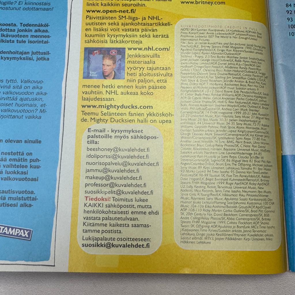 Suosikki 12/1999 inside page with photo credits