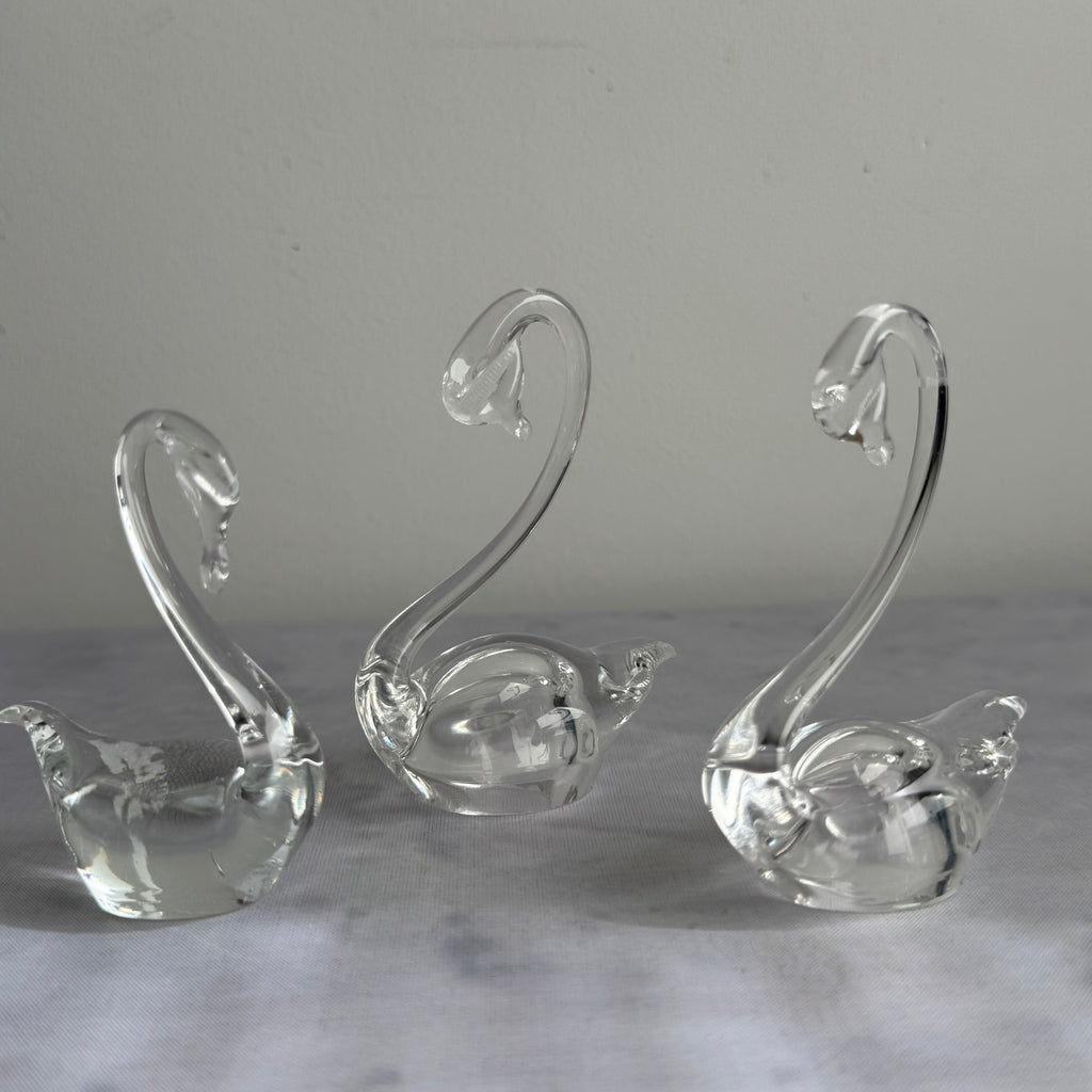 Hand Blown Clear Glass Swan Family – Set of 3