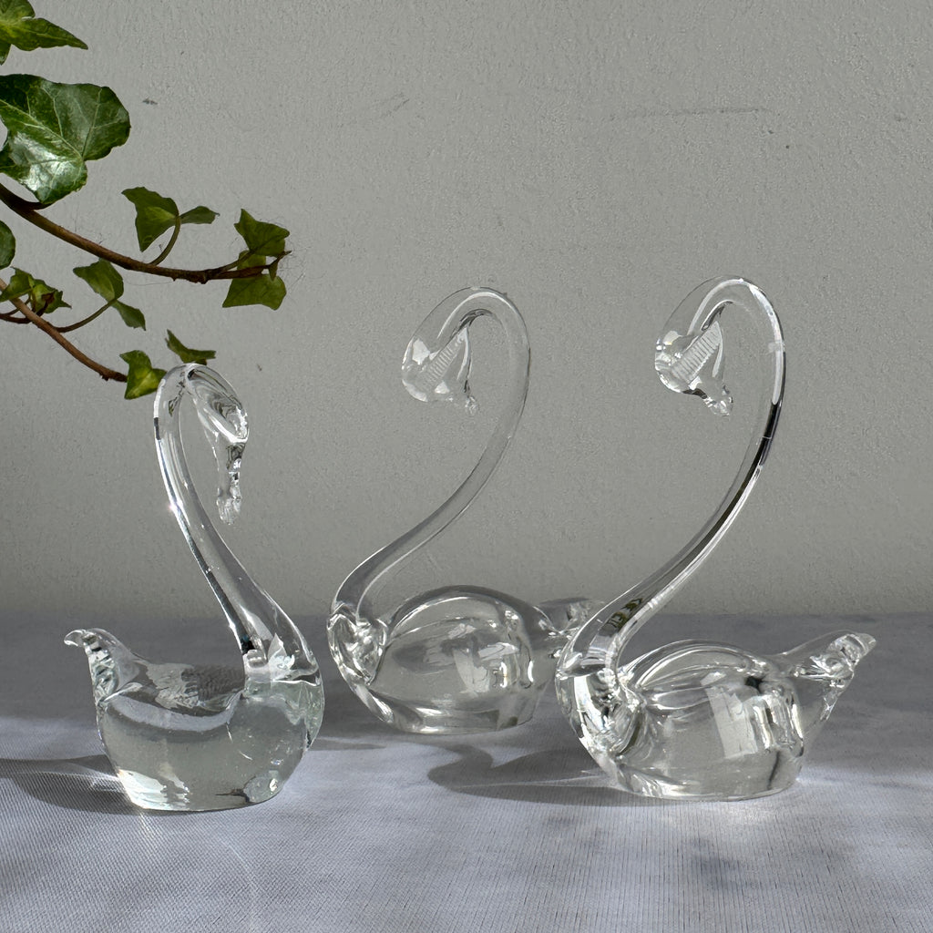 Hand Blown Clear Glass Swan Family – Set of 3