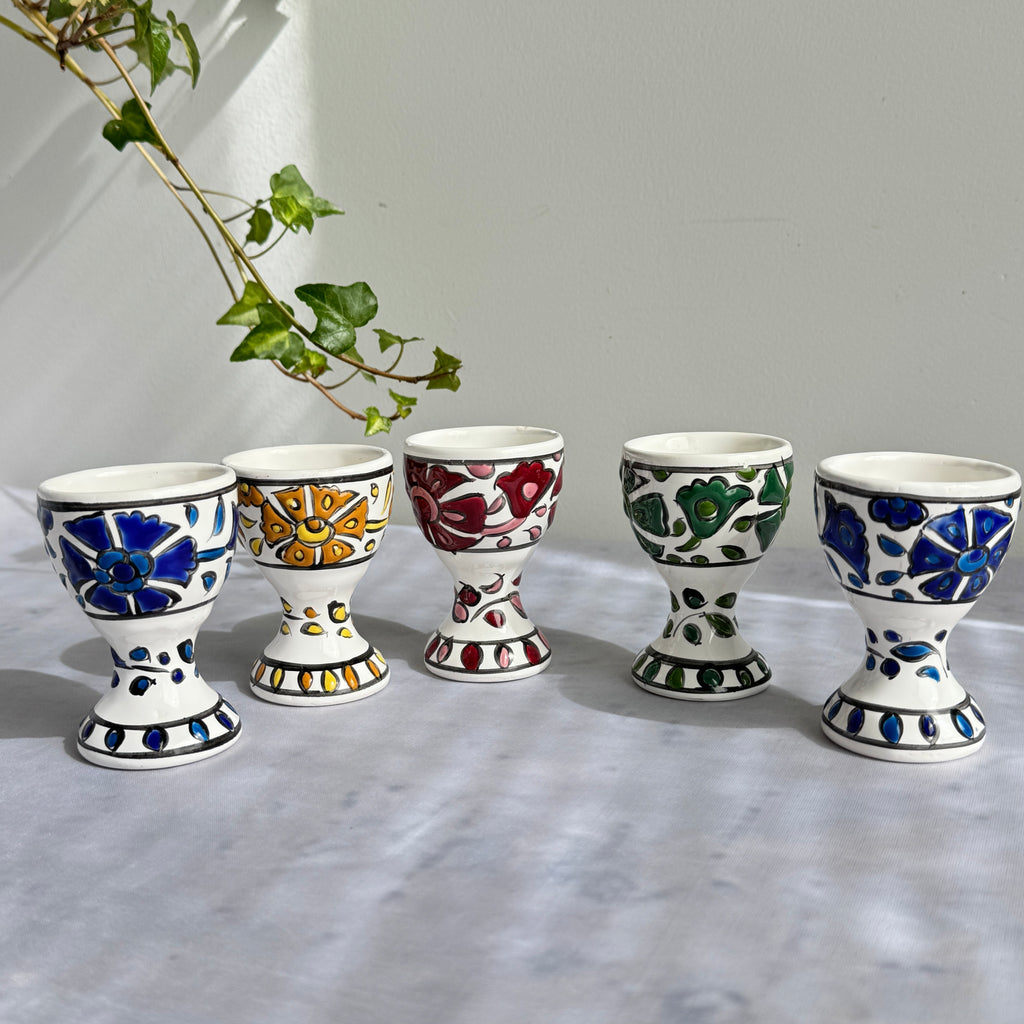 Hand-Painted Greek Egg Cups – Set of 5, Rhodes Pottery