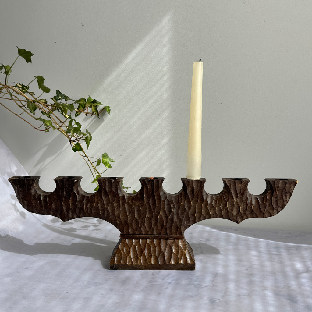 1960s Hand-Carved Wooden Seven-Light Candelabra