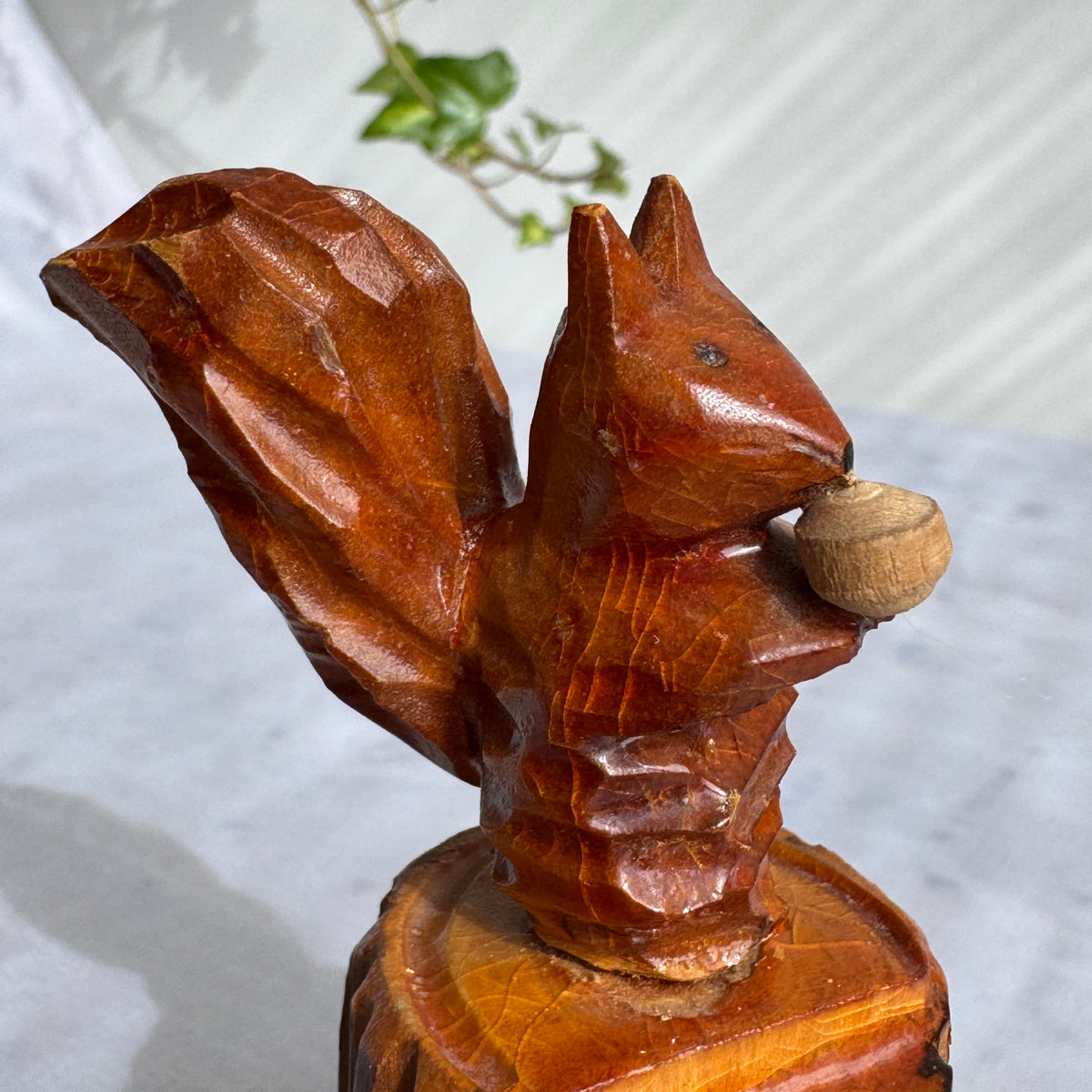 Hand Carved Wooden Squirrel with Acorn