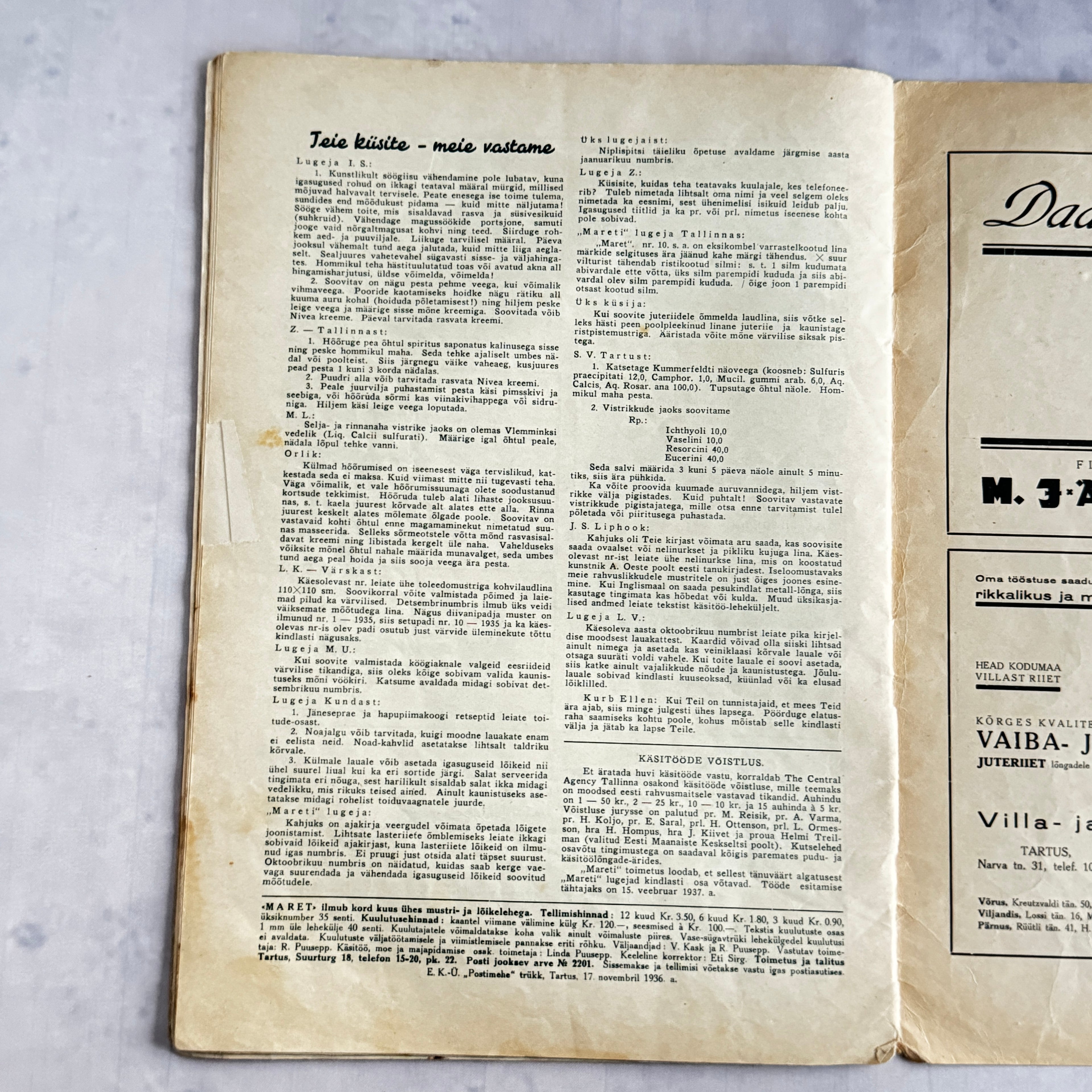 Maret Magazine November 1936 No.11 Estonian Women's Magazine Pre-War Issue